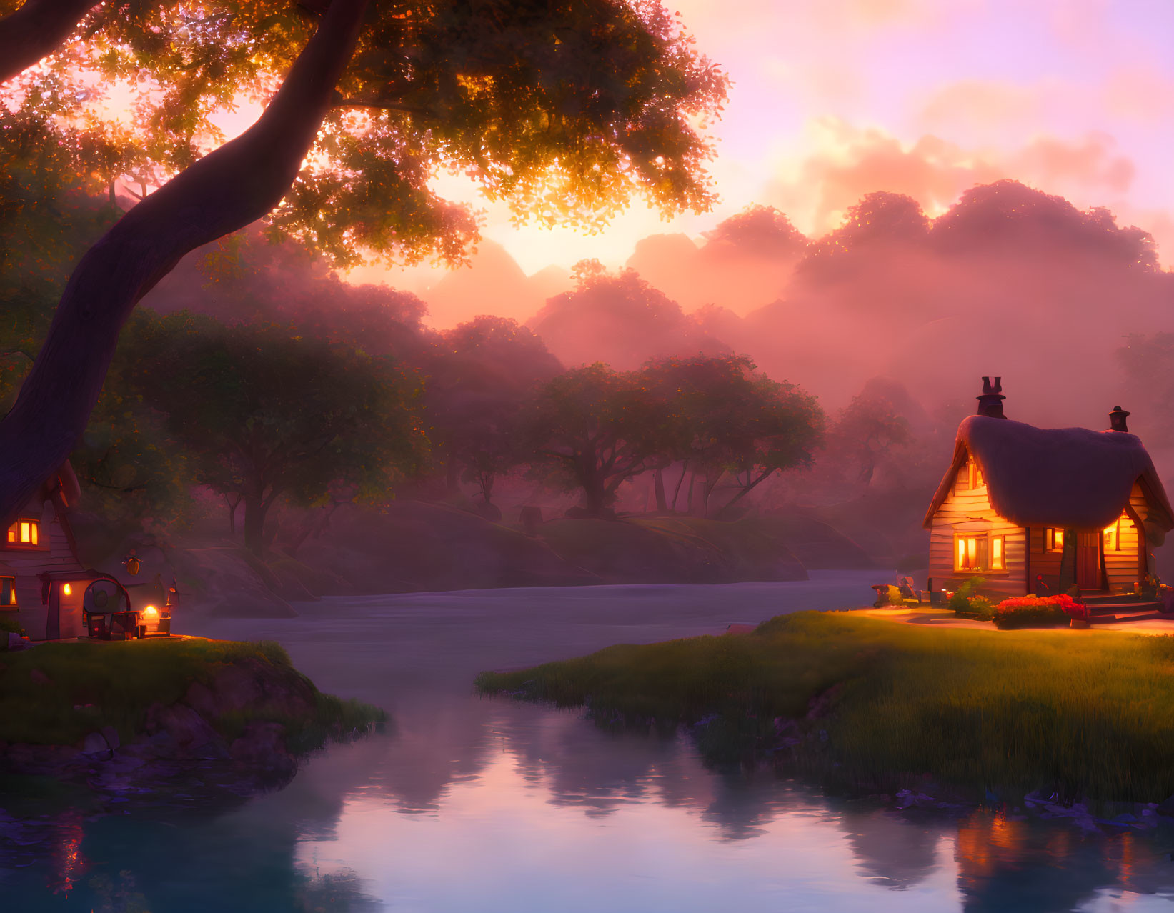 Tranquil fantasy sunrise scene with glowing cottage by river