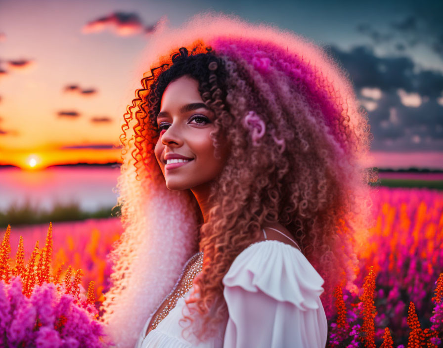 Curly-haired woman smiling in purple flower field at sunset