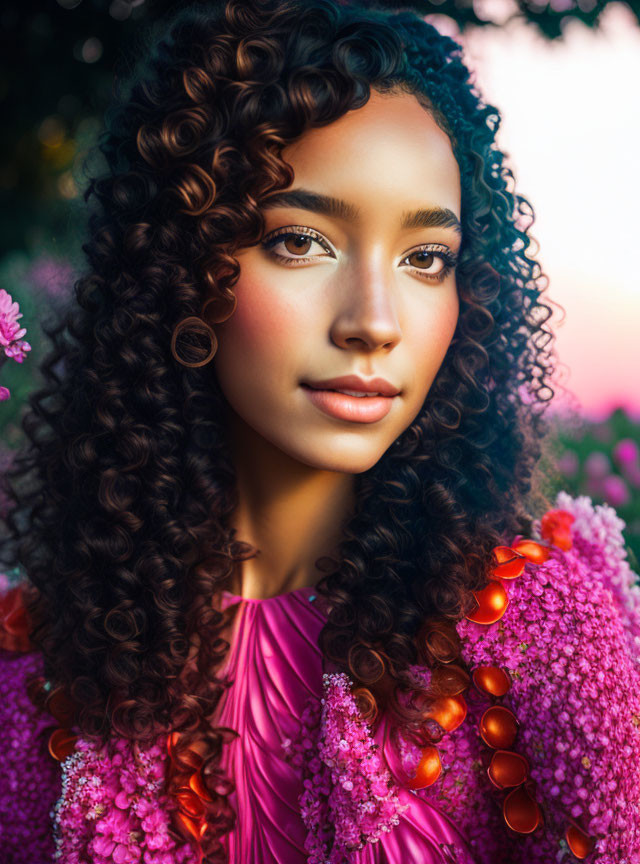 Curly-Haired Woman in Pink Outfit Among Colorful Flowers