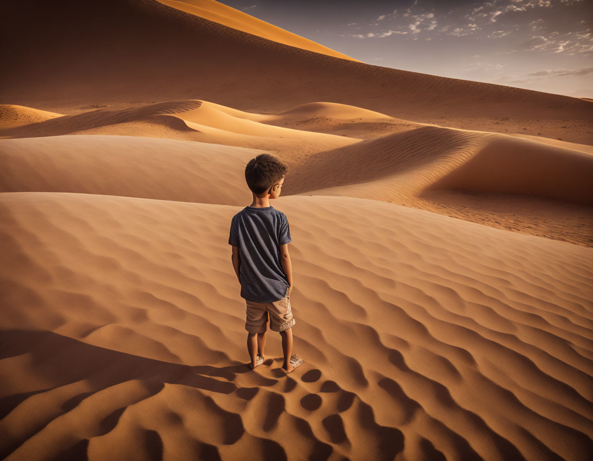 Child Alone Gazing at Vast Sand Dunes Under Warm Golden Sky