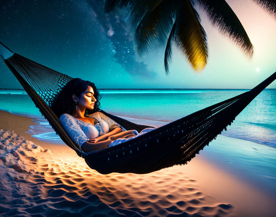 Woman relaxing in hammock on serene beach at night with palm leaves and starry sky