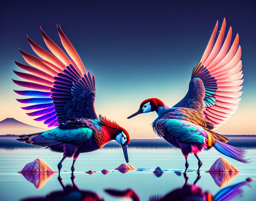 Colorful Birds Facing Each Other on Mirrored Lake at Dusk