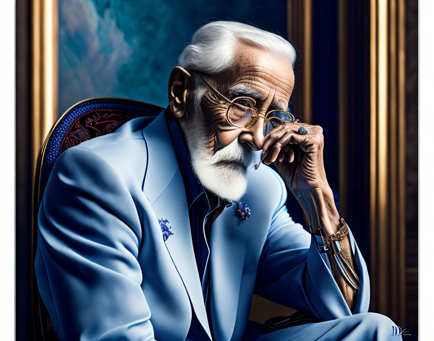 Elderly man in blue suit and glasses sitting in chair with framed backdrop