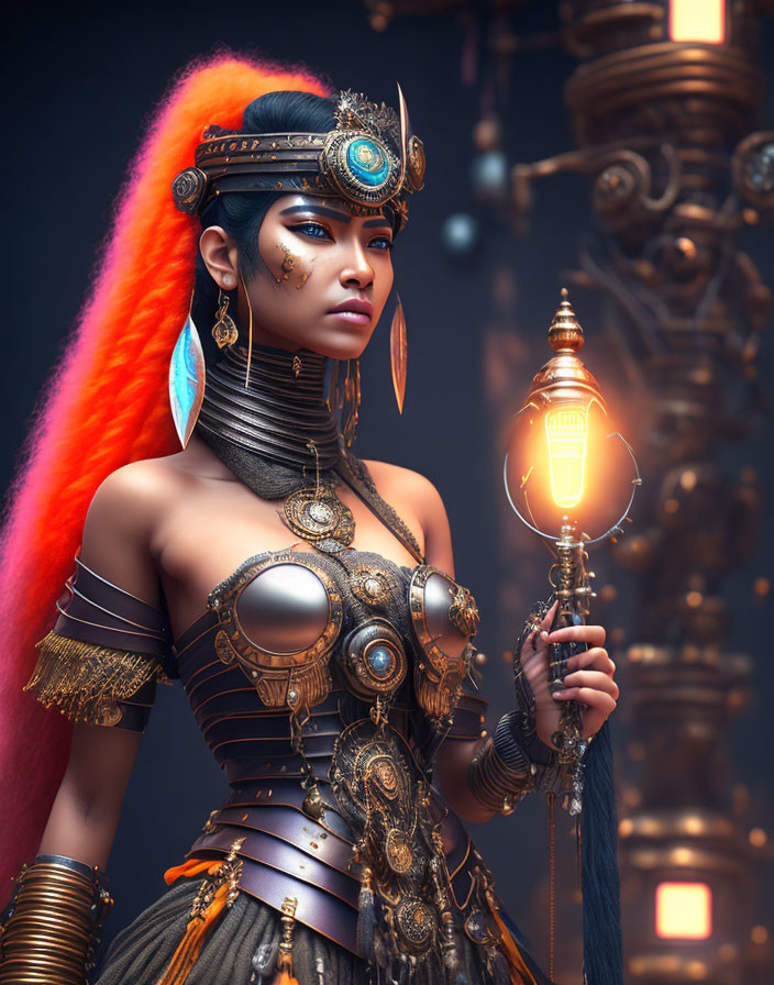 Stylized woman in ornate armor with glowing staff against mechanical towers