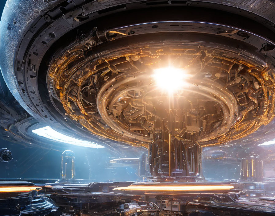 Futuristic spaceship interior with glowing core and metallic structures