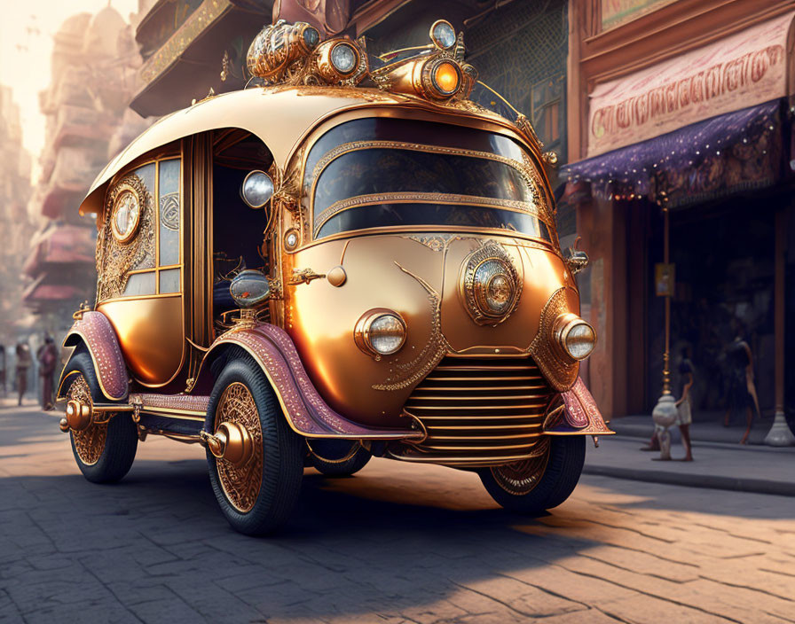 Golden Vintage Fantasy Vehicle in Bustling Street Market