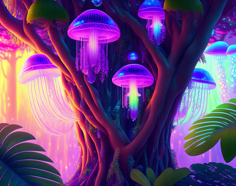 Fantastical forest scene with glowing jellyfish-like creatures among luminous trees