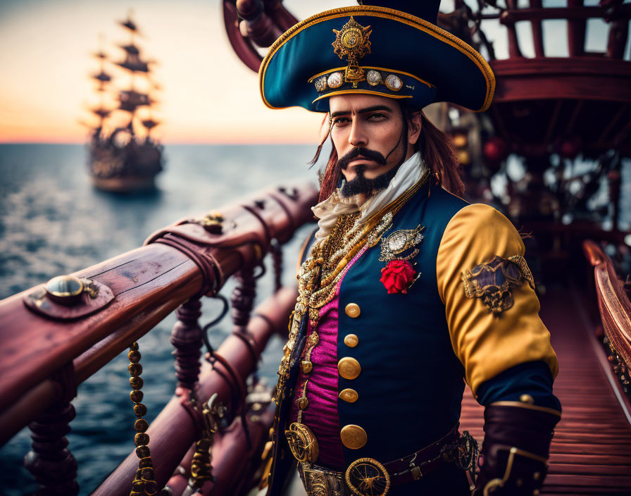 Pirate captain on ship deck at sunset with another ship in background