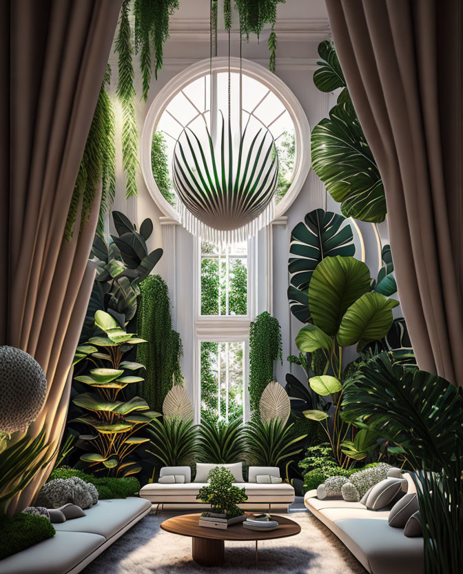 Elegant interior with green plants, round window, chic furniture