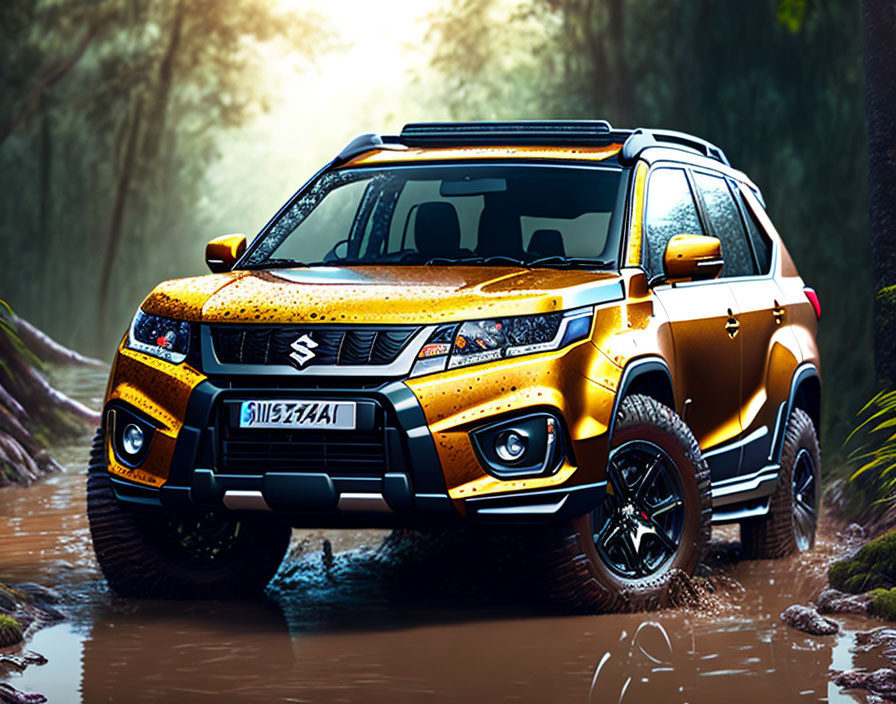 Rugged orange and black SUV on muddy off-road trail surrounded by green foliage