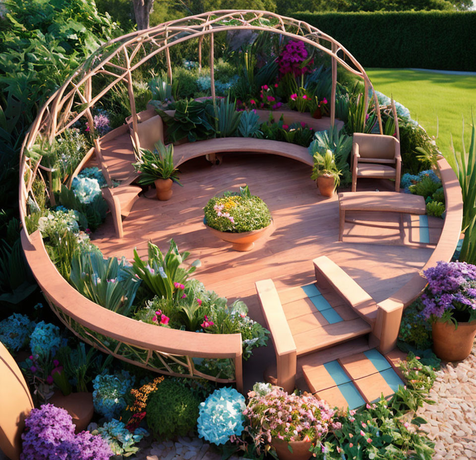 Tranquil garden with curved wooden bench, lush plants, flowers & trellis