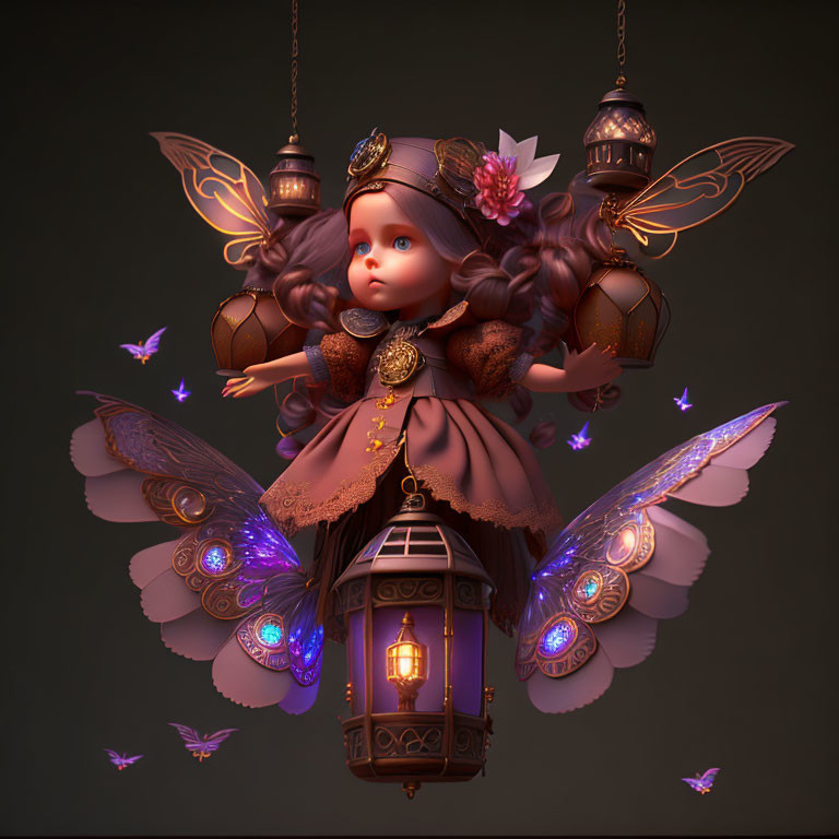 Whimsical digital artwork of doll-like character with wings and lantern surrounded by butterflies in fantasy setting