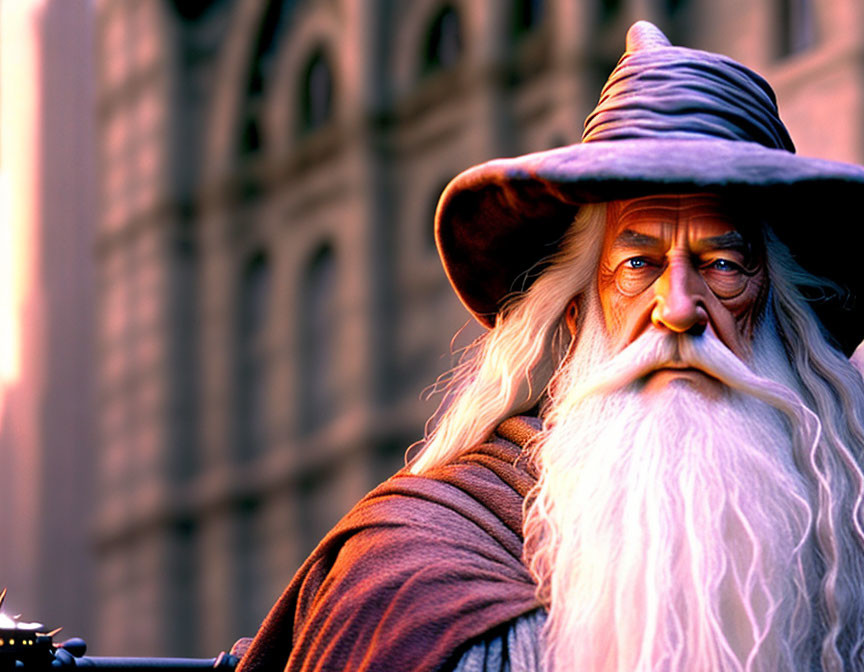 Elderly wizard with staff in urban dusk setting