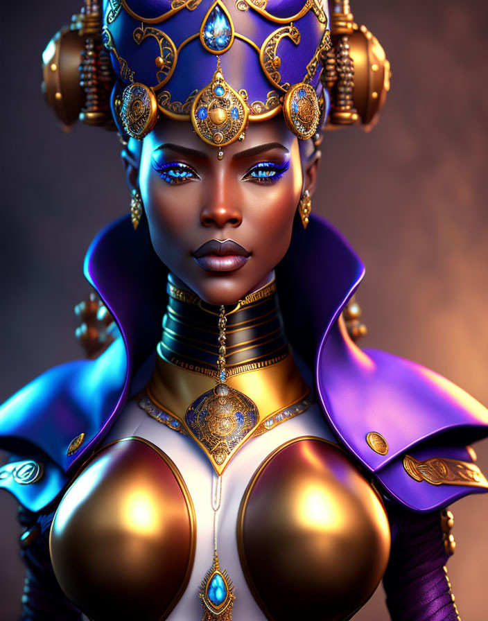 Regal Figure with Blue Eyes and Golden Headgear in Purple and Gold Outfit