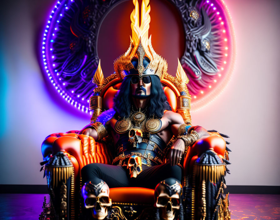 Elaborate Golden Costume Figure on Skull Motif Throne