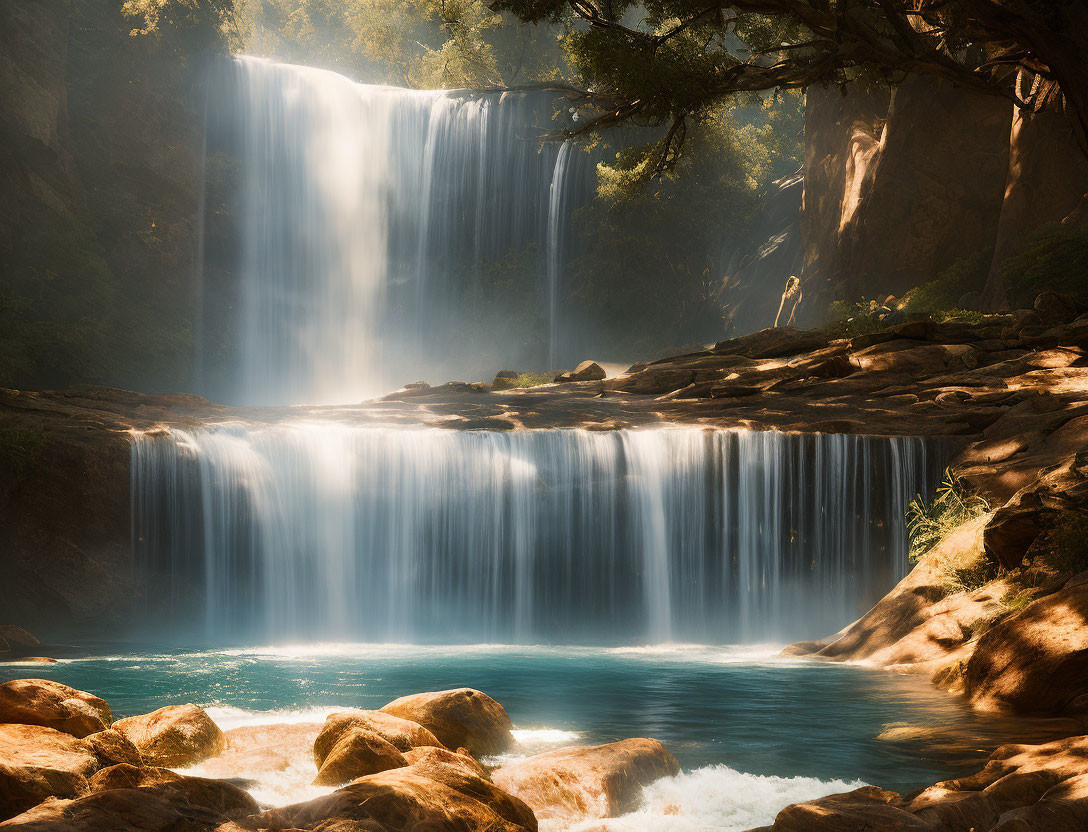 Tranquil waterfall cascading down a misty rock face in lush surroundings