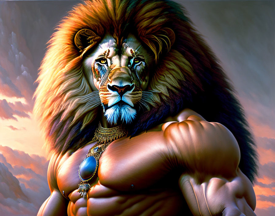 Majestic lion with human-like physique, gold necklace, turquoise pendant, under dramatic sky.