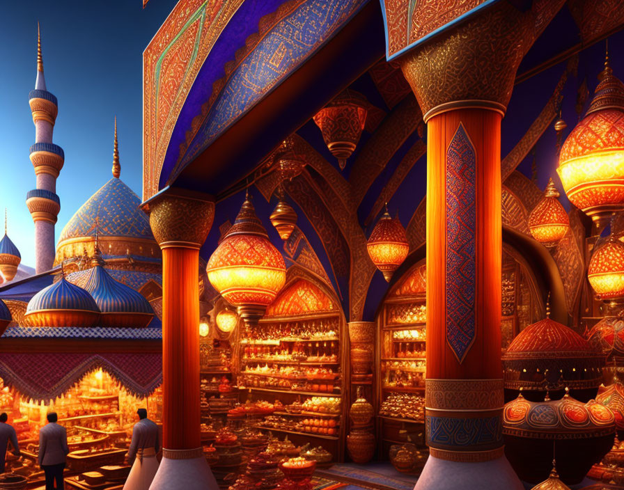 Vibrant marketplace with ornate domes and arches, warm lights, goods display, silhouette