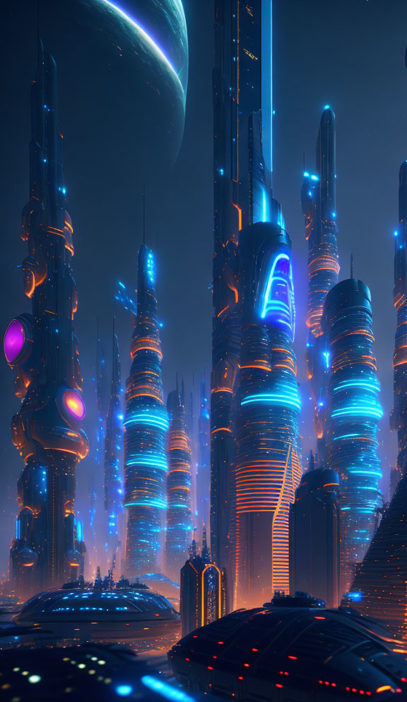 Futuristic cityscape with neon-lit skyscrapers under giant planet at night