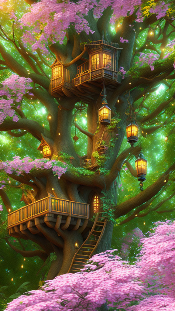 Enchanting Treehouse with Glowing Lanterns in Magical Tree