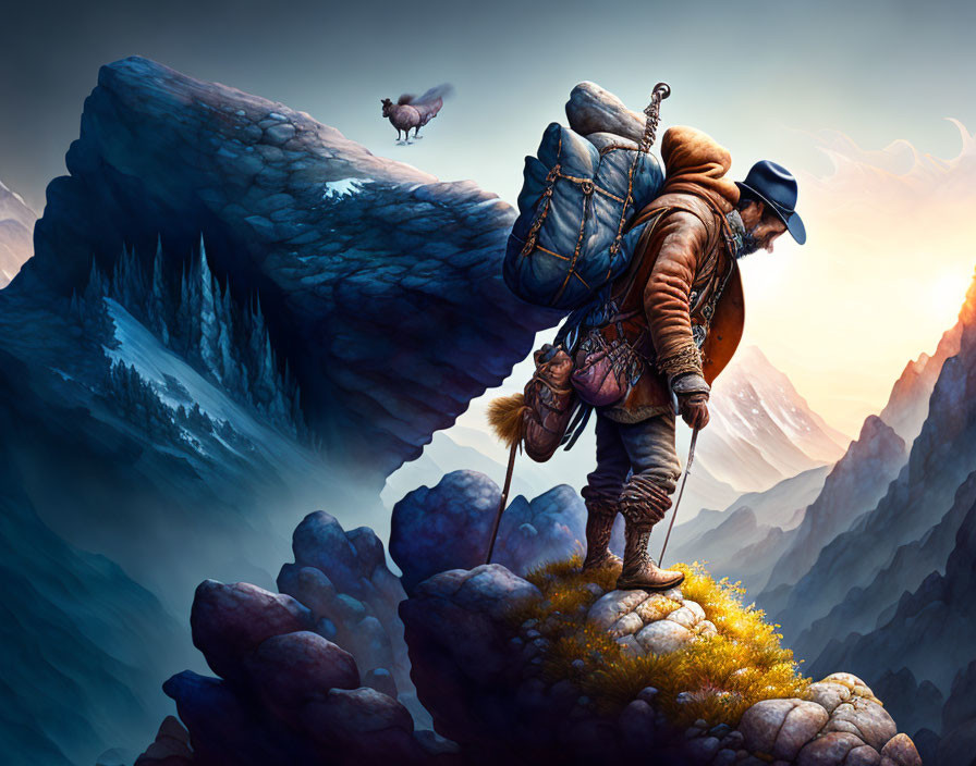 Adventurer in heavy gear on rocky outcrop gazes at distant bird with majestic mountains and glowing