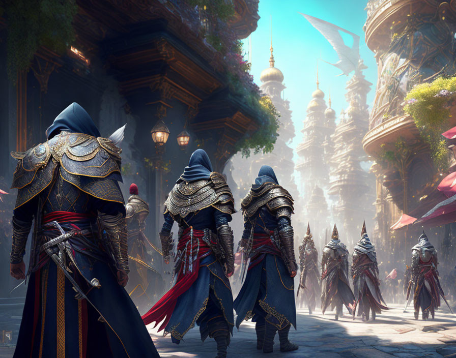 Three cloaked figures in ornate armor stroll through a majestic fantasy city with lush greenery and towering