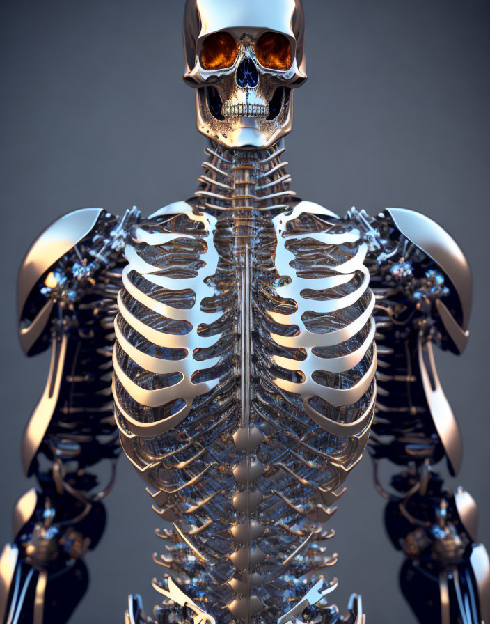 Reflective metallic skeleton with skull head on dark background