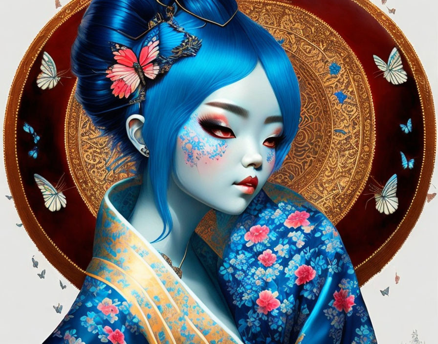 Illustration of woman with blue hair in blue & gold kimono with butterflies on red background