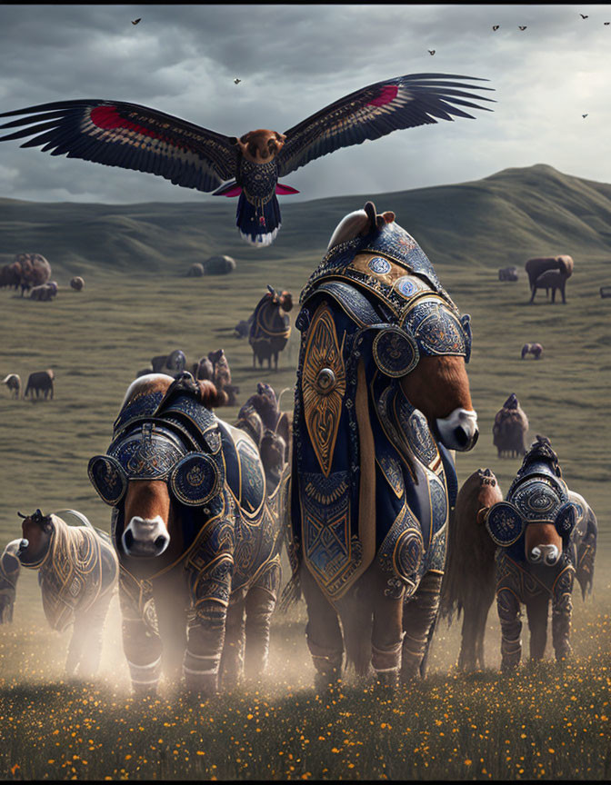 Fantasy digital art: Armored horses, eagle in armor, grassy landscape.