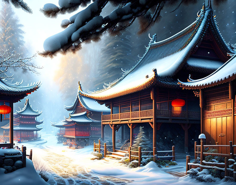 Traditional Japanese buildings in snow with intricate roofs and warm lights