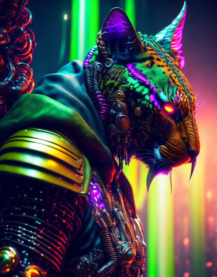 Futuristic warrior with feline head in neon tribal patterns