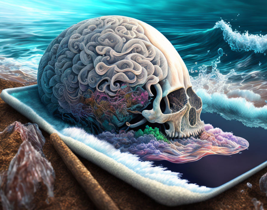 Surreal human skull with brain waves merging life and sea elements