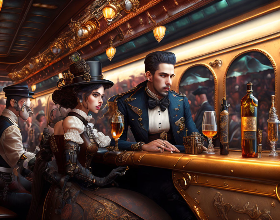 Victorian steampunk scene in luxurious train car