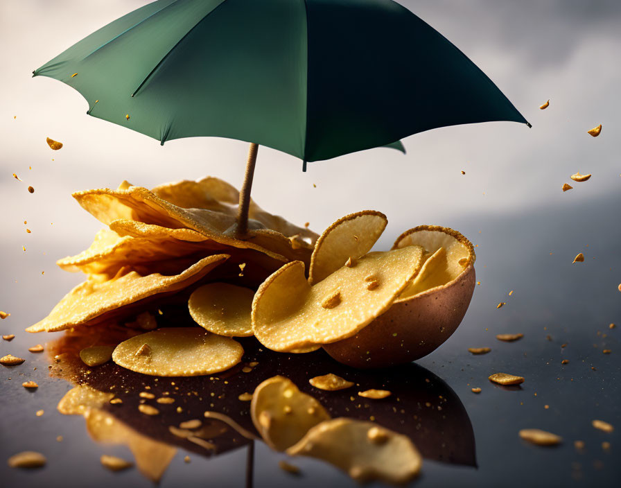 Half Chocolate Egg Spilling Golden Crisps Under Green Umbrella