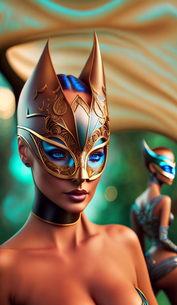 Golden mask woman with blue eyes in warm-toned setting with another masked figure