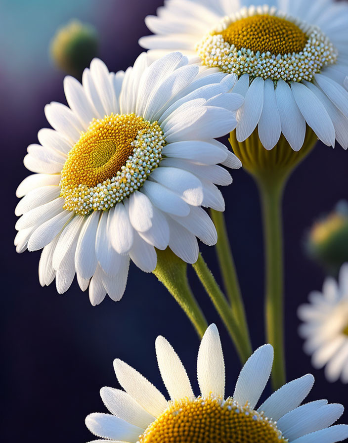 Vibrant white daisies with yellow centers in golden hour close-up