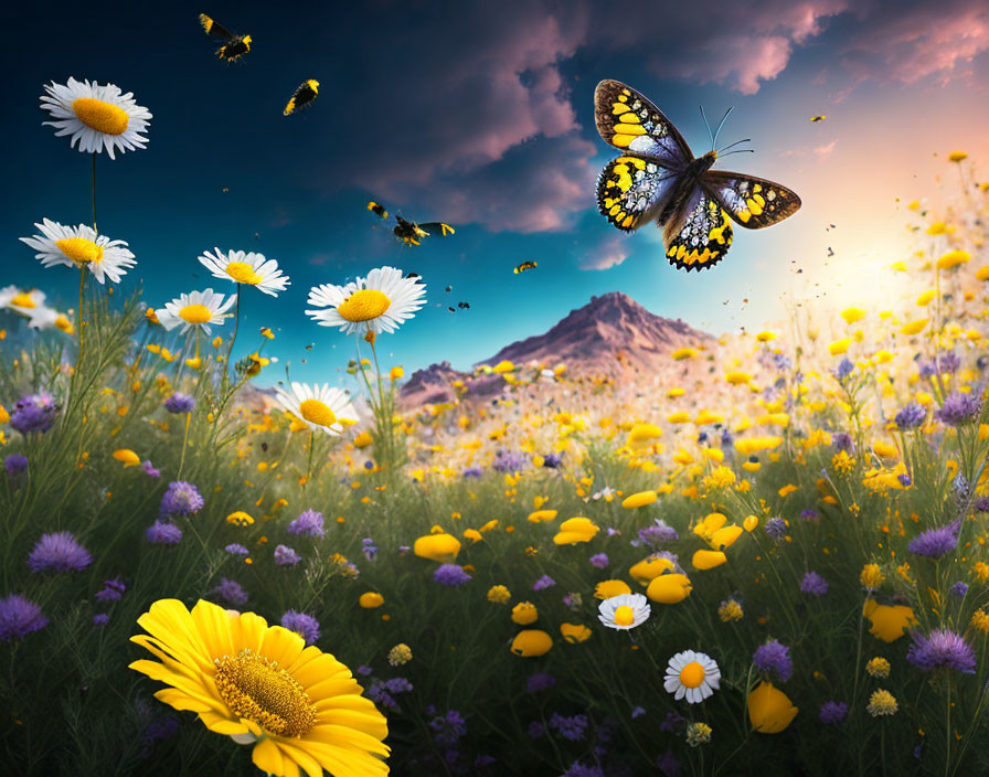 Colorful Wildflower Meadow Under Dramatic Sky Butterflies Nature Beauty