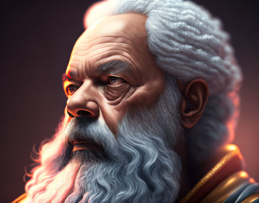 Detailed 3D illustration of stern elderly man with white beard, gold attire