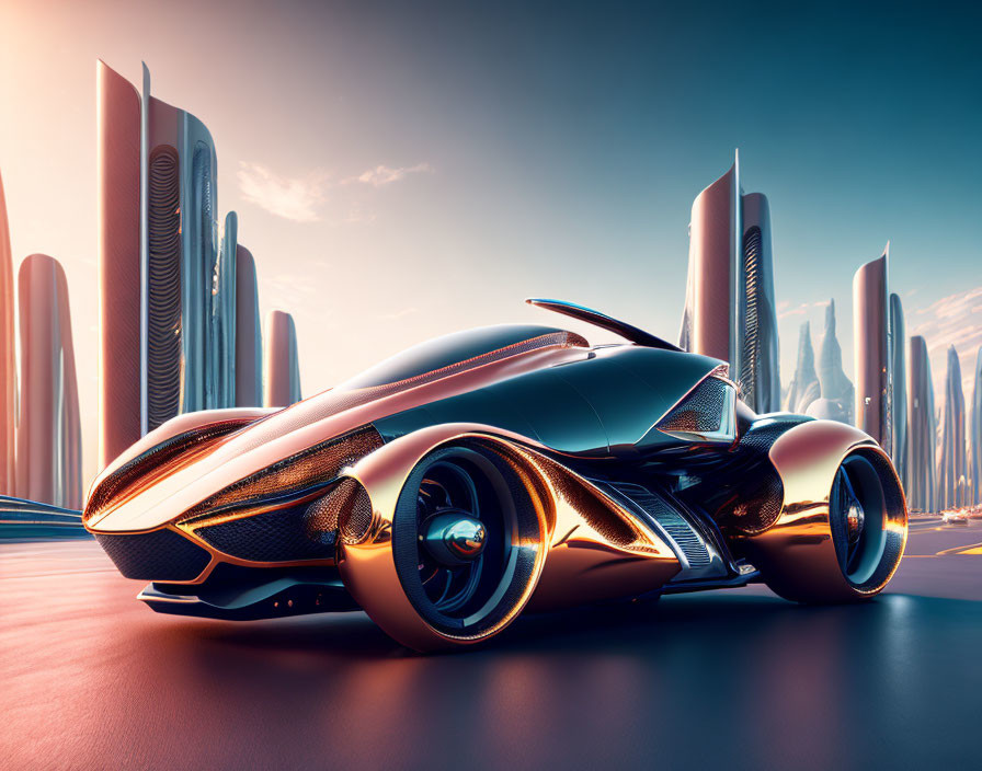 Futuristic Car with Glowing Wheels and Stylized Skyscrapers on Reflective Surface