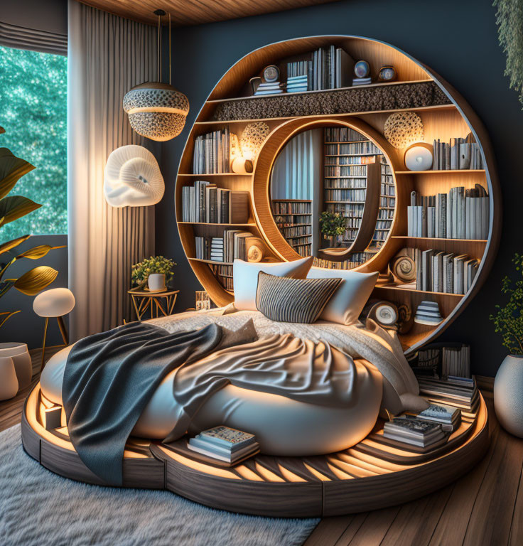 Circular Bookshelf Bed Design with Cozy Pillows, Blankets, Plants, and Lamps