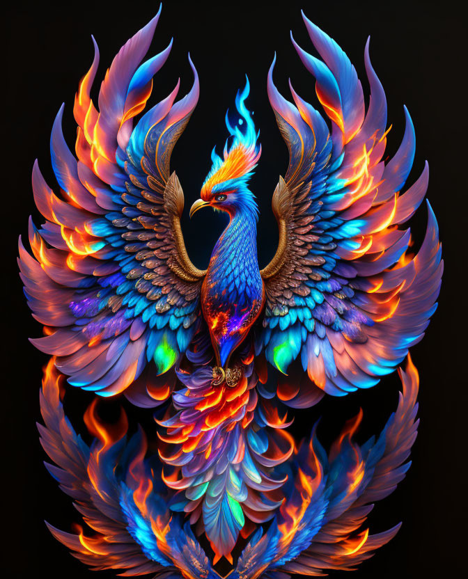 Colorful Phoenix Digital Artwork with Fiery Crest and Tail