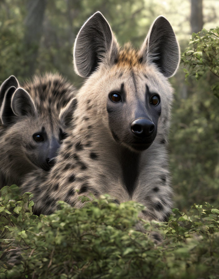 Hyenas in green foliage, one gazing at viewer