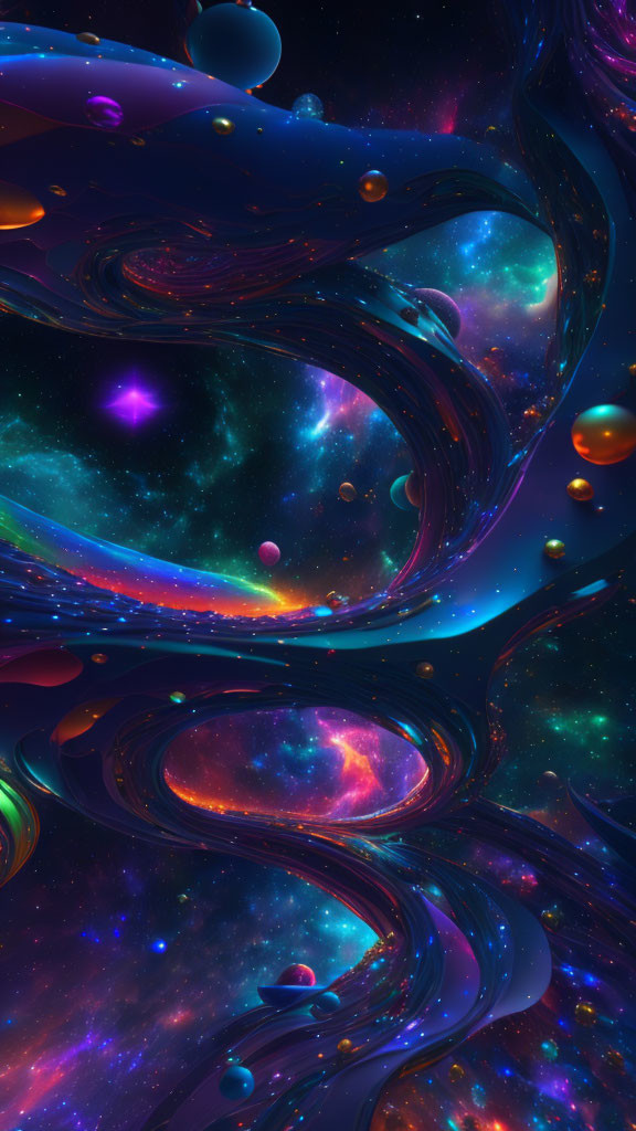 Abstract cosmic scene with swirling colors, stars, and floating orbs