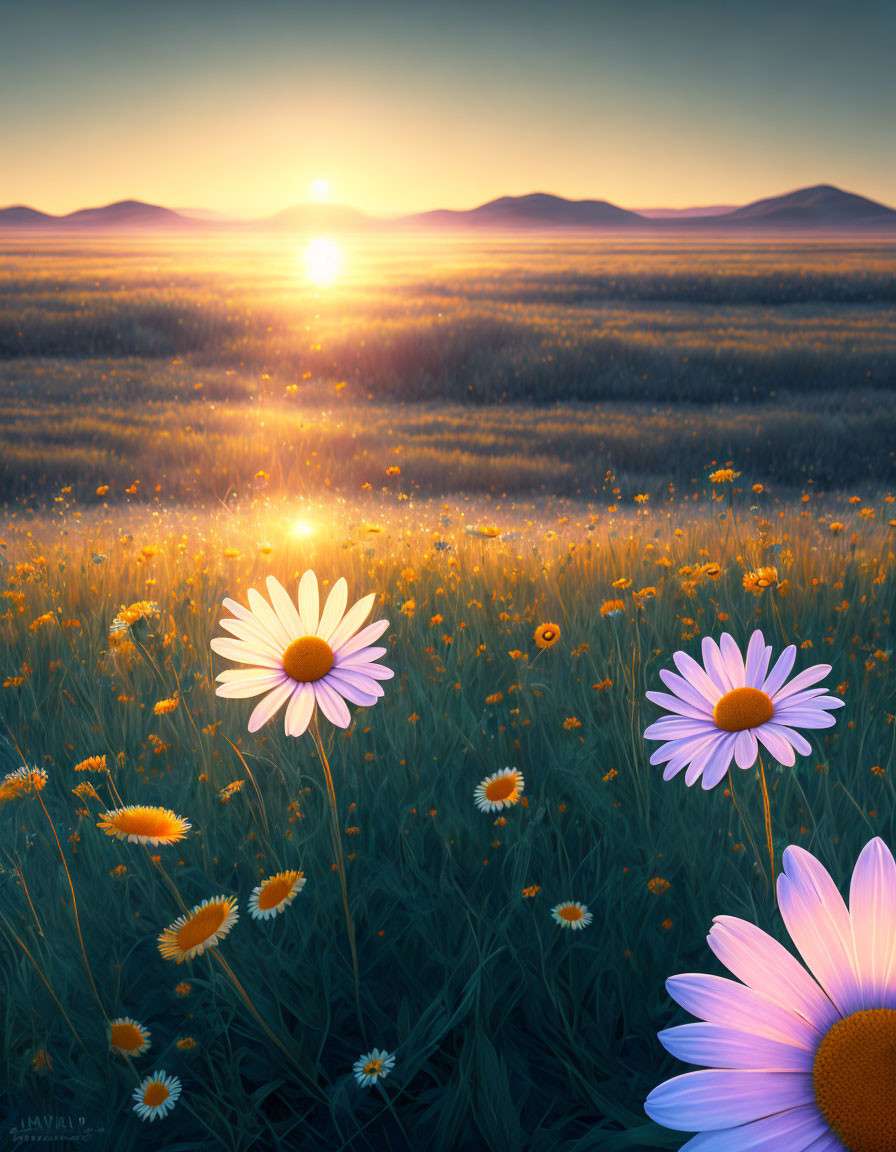 Tranquil sunset scene with sunbeams over wildflower meadow