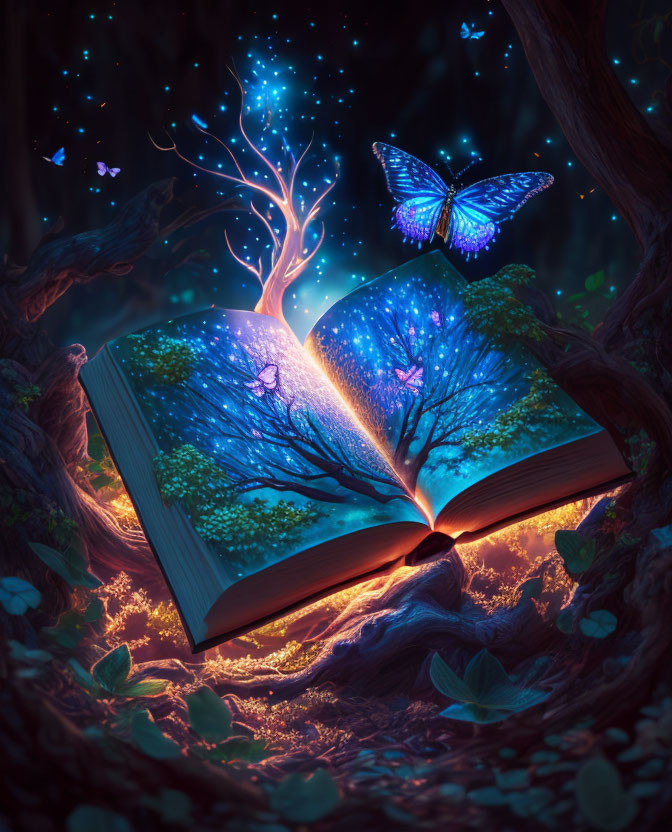 Mystical forest scene with glowing tree and butterfly