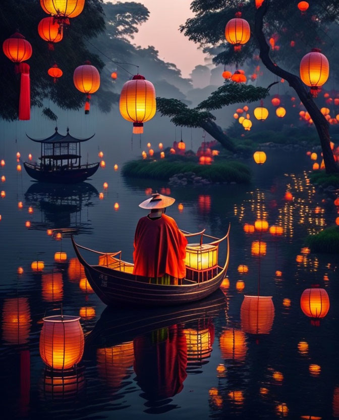 Traditional attire person on boat with red lanterns on calm lake at dusk