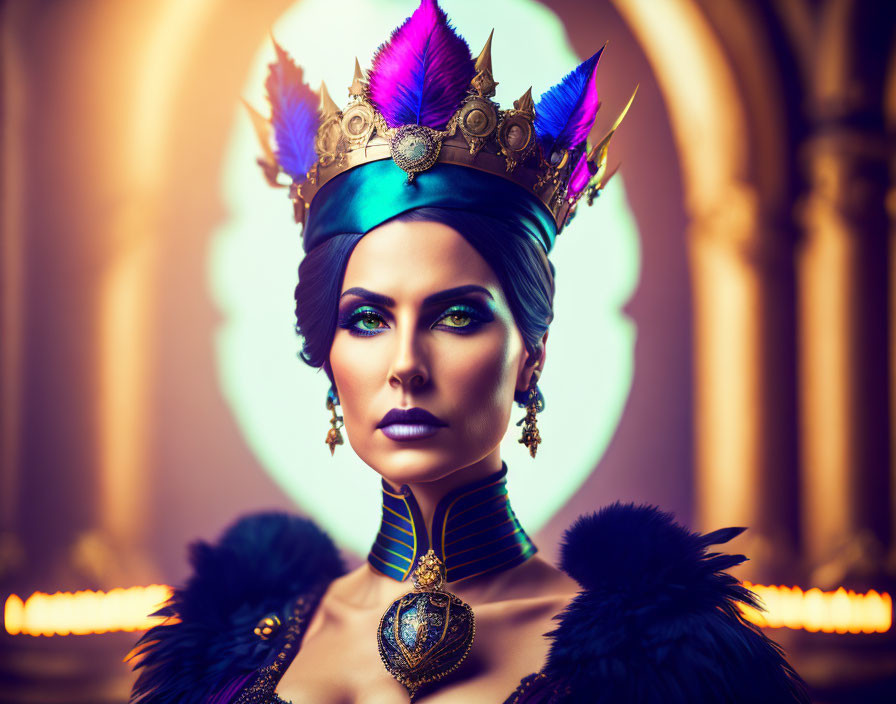 Regal woman with dramatic makeup and royal crown wearing fur cloak