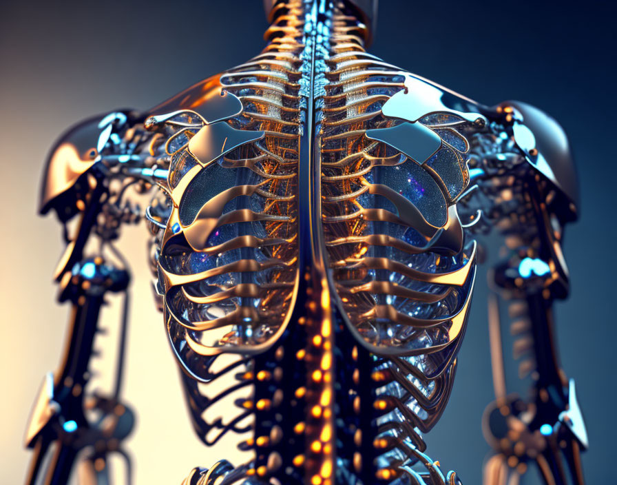 Shiny metallic human skeleton close-up in 3D illustration, highlighting rib cage with blue reflection.