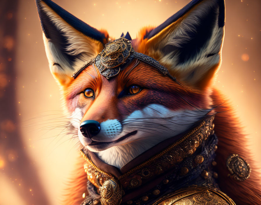 Regal fox in golden armor against warm background