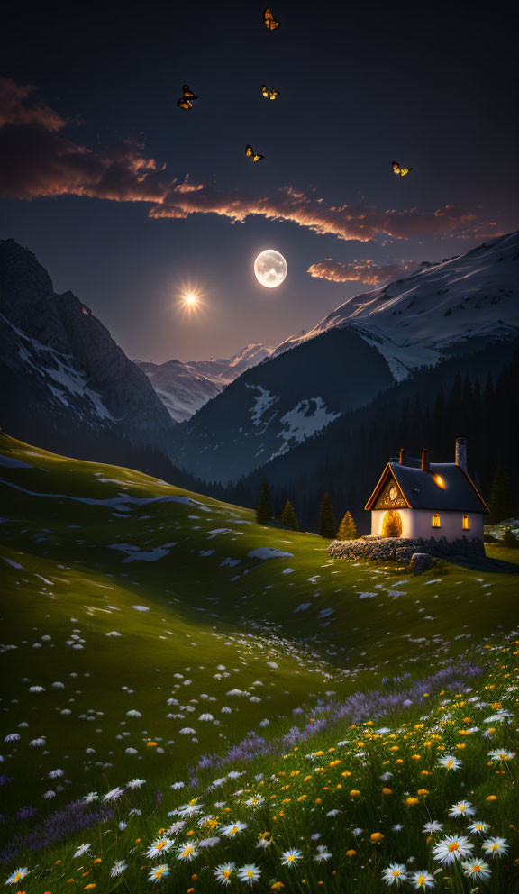 Serene mountain landscape with cozy cabin and starry night sky